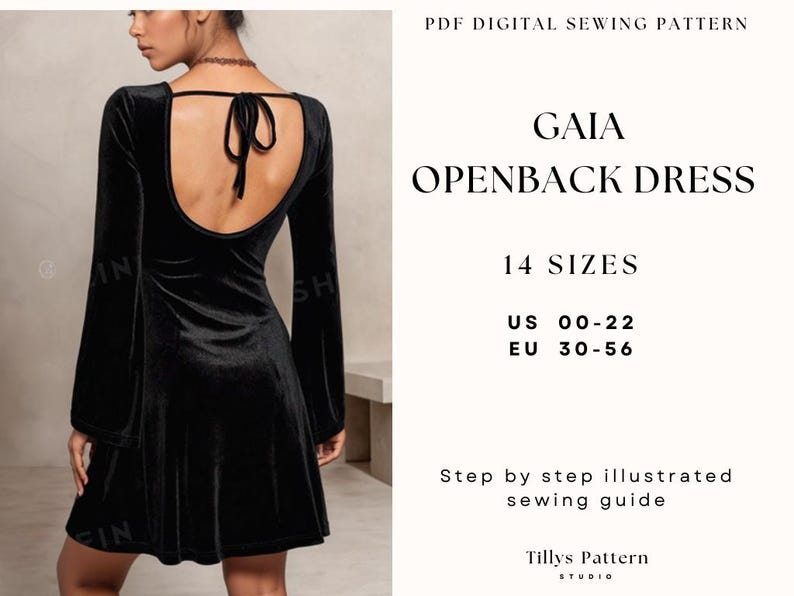 Open Back Mini Dress Sewing Pattern: Flared Sleeves Dress, US 0-24 (PDF Pattern)
