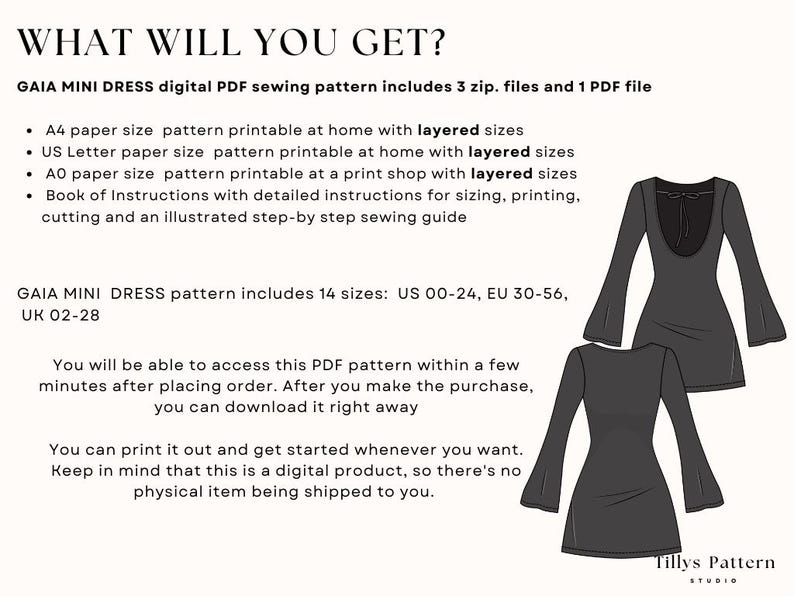 Open Back Mini Dress Sewing Pattern: Flared Sleeves Dress, US 0-24 (PDF Pattern)