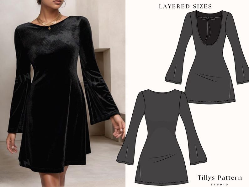 Open Back Mini Dress Sewing Pattern: Flared Sleeves Dress, US 0-24 (PDF Pattern)