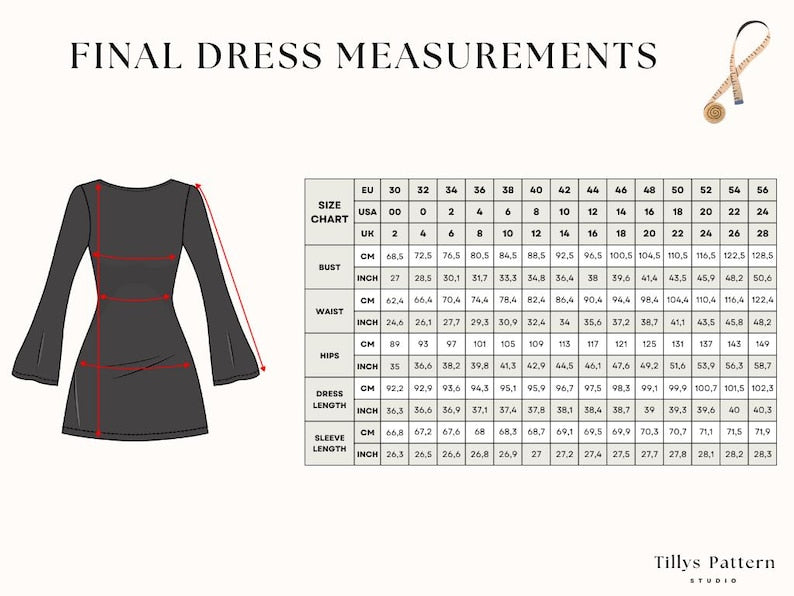 Open Back Mini Dress Sewing Pattern: Flared Sleeves Dress, US 0-24 (PDF Pattern)