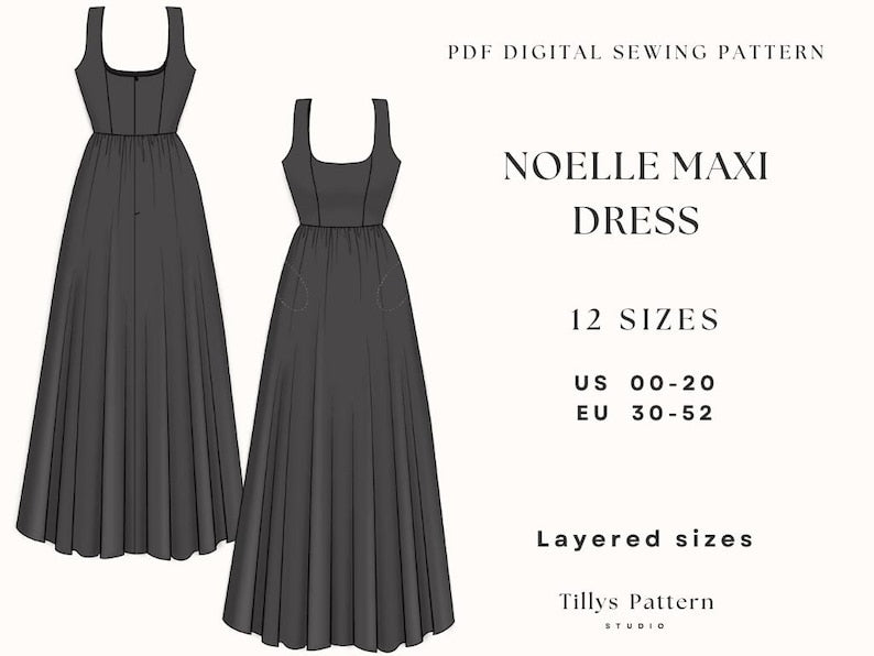 Square Neck Dress Sewing Pattern| Maxi Dress Pattern| Cottage core Dress| Open Back Dress Pattern| Plus Size Sewing Pattern| US 0-20 (PDF Download)