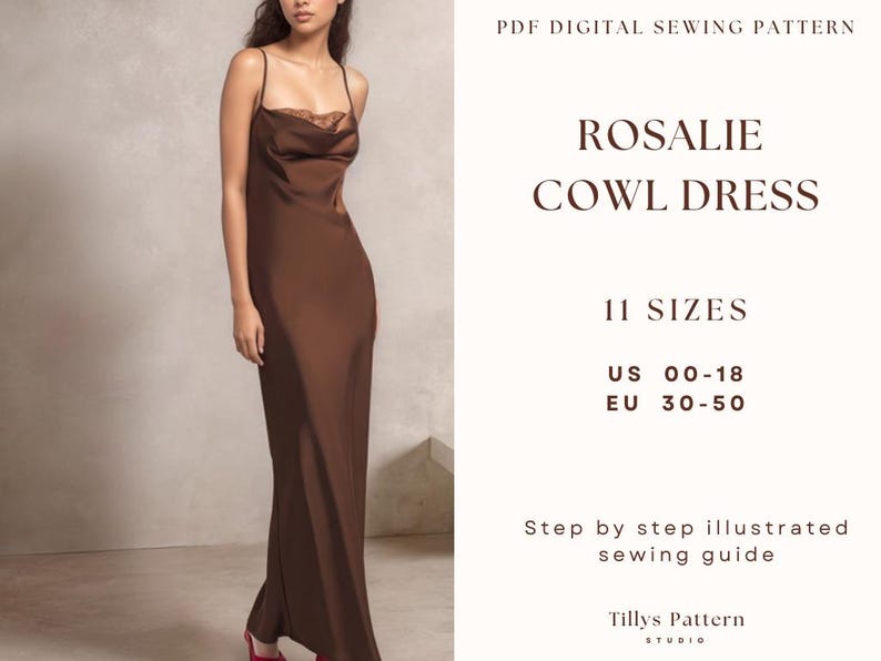 Cowl Neck Slip Dress Sewing Pattern: Evening Back-Tie Gown (US 00-18) (PDF Pattern)