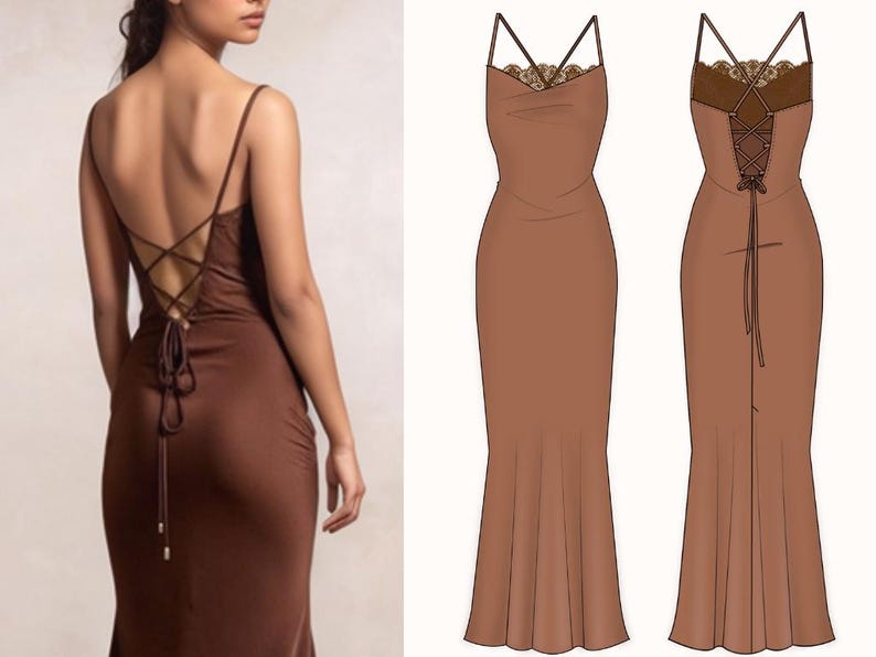 Cowl Neck Slip Dress Sewing Pattern: Evening Back-Tie Gown (US 00-18) (PDF Pattern)