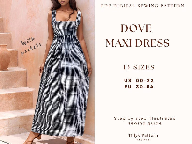 Cotton Dress Sewing Pattern| Square Neck Dress Pattern| Maxi Dress Pattern| Empire Waist Dress| Plus Size Dress Pattern| US 0-20