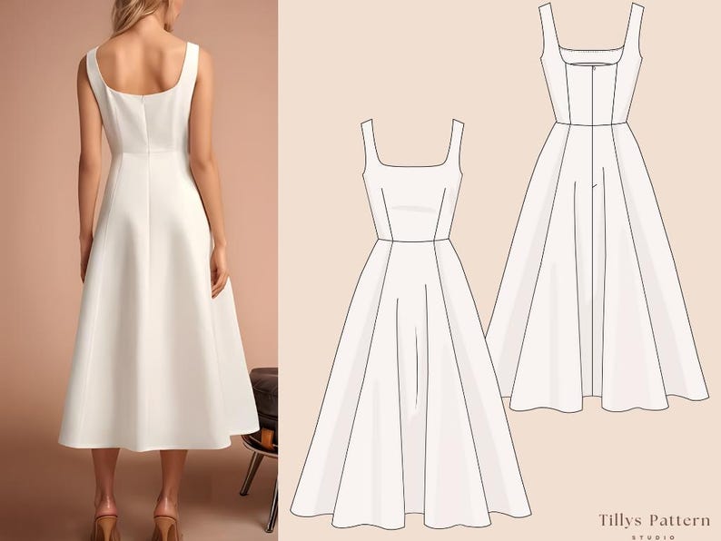 Square Neck Dress Sewing Pattern| Midi Dress Pattern| Wedding Dress| Open Back Dress Pattern|Plus Size Sewing Pattern| US 00-22