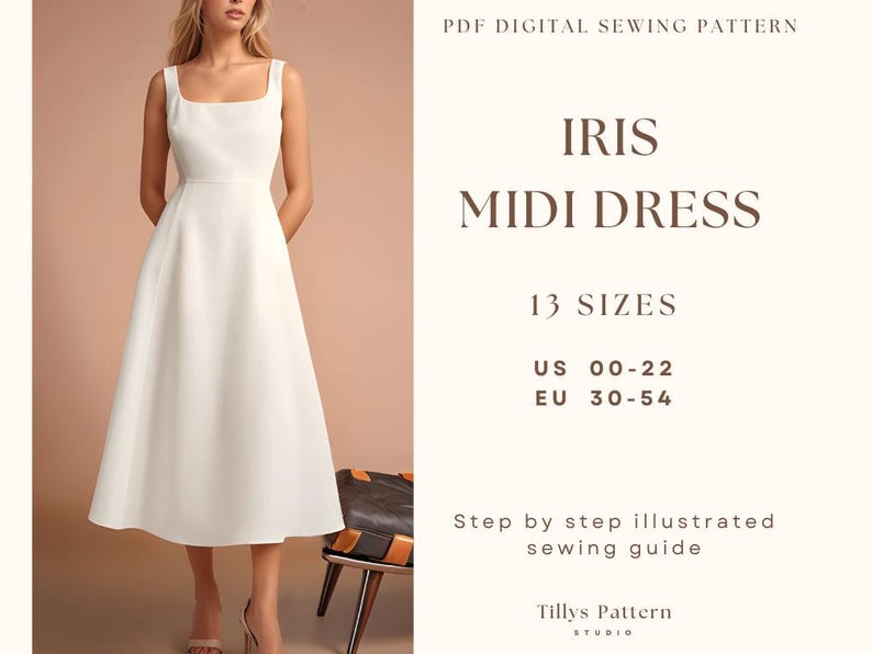 Square Neck Dress Sewing Pattern| Midi Dress Pattern| Wedding Dress| Open Back Dress Pattern|Plus Size Sewing Pattern| US 00-22