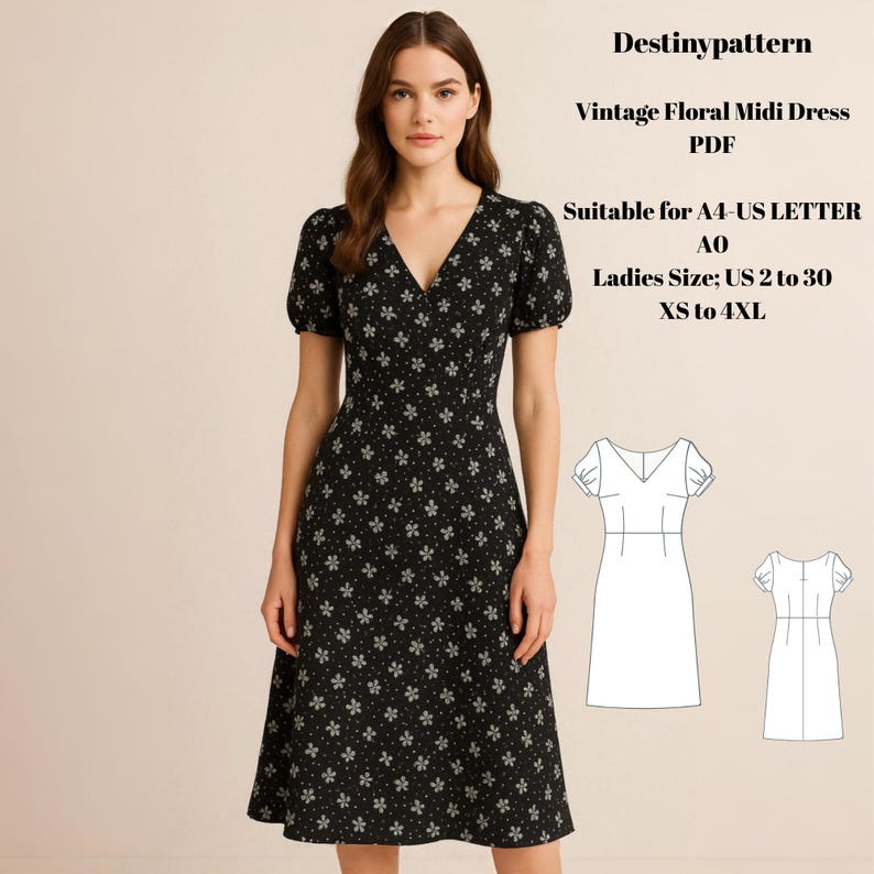 Digital Sewing Pattern – Vintage Floral Midi Dress PDF – V-Neck, Short Sleeves, A-Line