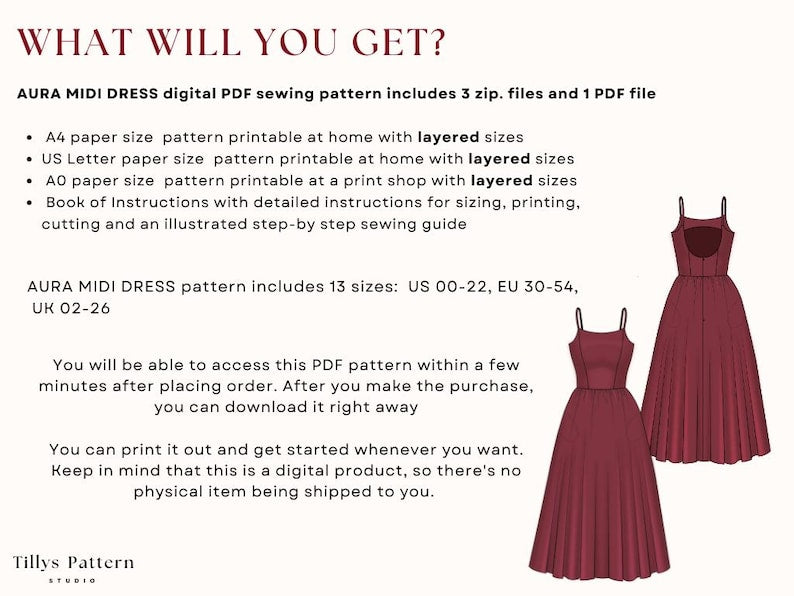 Midi Dress Sewing Pattern: Open Back Hourglass Silhouette (US 0-22) (PDF Pattern)