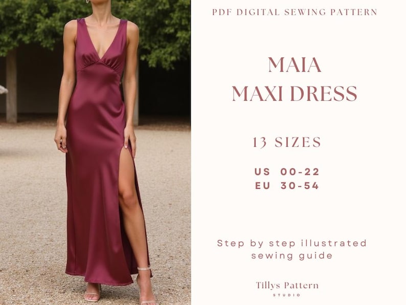 Evening Slit Dress| V Neck Bias Cut Dress| Wedding Dress| Formal Dress| Plus Size Sewing Pattern| Bridesmaid dress| Silk Dress| US 0-22
