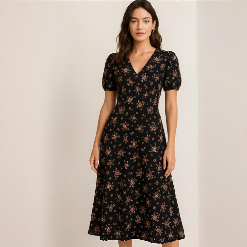 Digital Sewing Pattern – Vintage Floral Midi Dress PDF – V-Neck, Short Sleeves, A-Line (PDF Download)