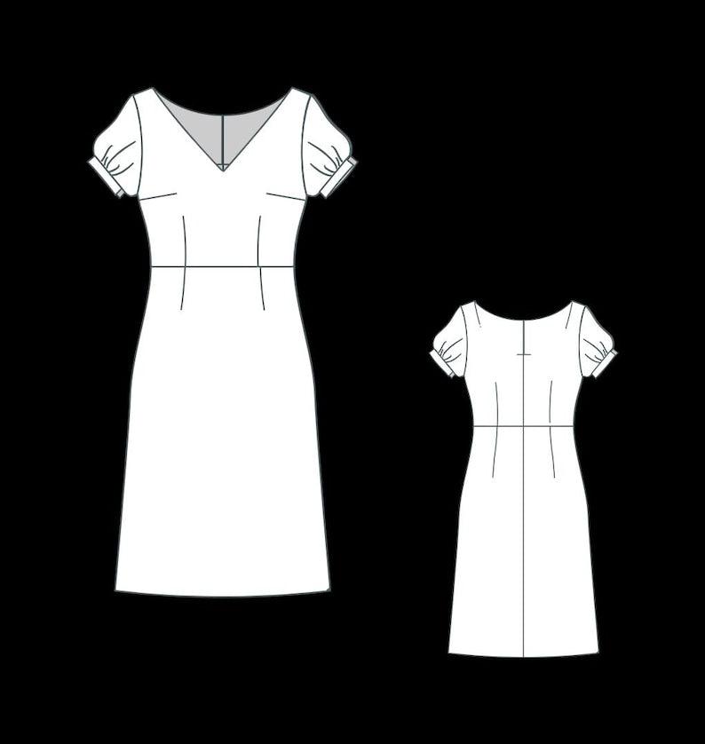 Digital Sewing Pattern – Vintage Floral Midi Dress PDF – V-Neck, Short Sleeves, A-Line (PDF Download)