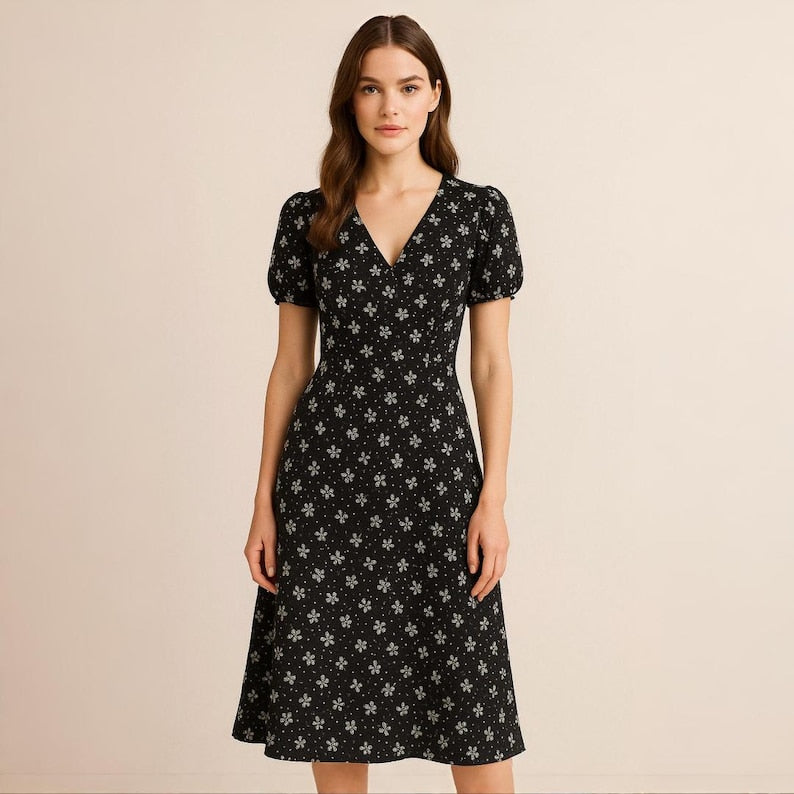 Digital Sewing Pattern – Vintage Floral Midi Dress PDF – V-Neck, Short Sleeves, A-Line