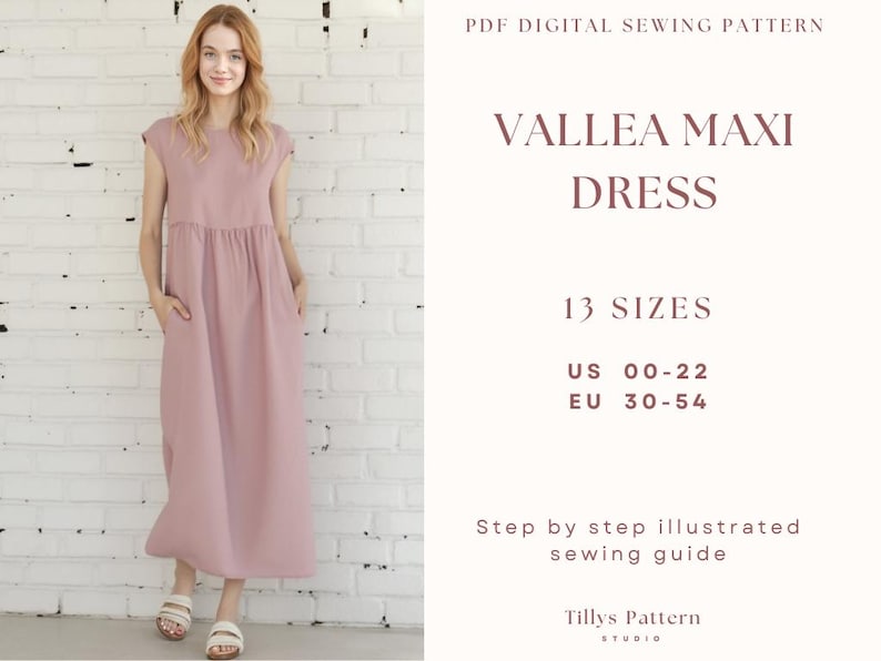 Linen Maxi Dress Sewing Pattern: Easy  Smock Dress with Pockets (US 0-22) (Digital Download)