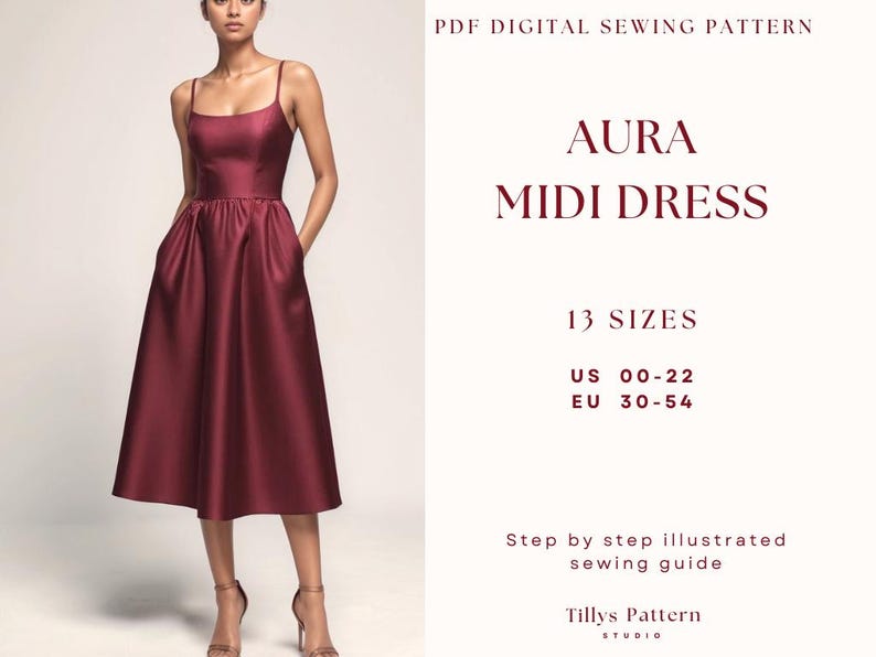 Midi Dress Sewing Pattern: Open Back Hourglass Silhouette (US 0-22) (PDF Pattern)