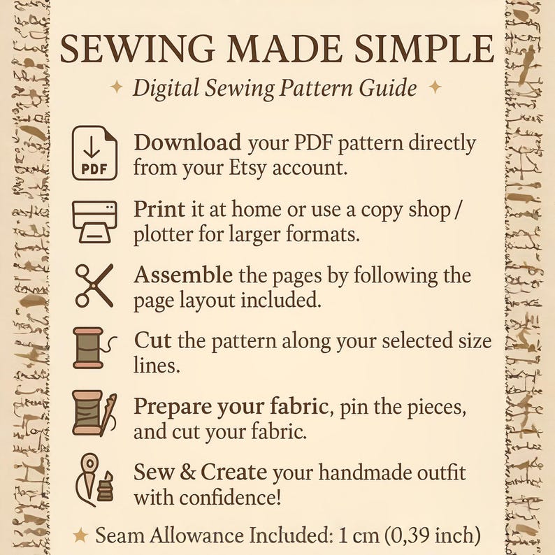 Digital Sewing Pattern – Vintage Floral Midi Dress PDF – V-Neck, Short Sleeves, A-Line (PDF Download)