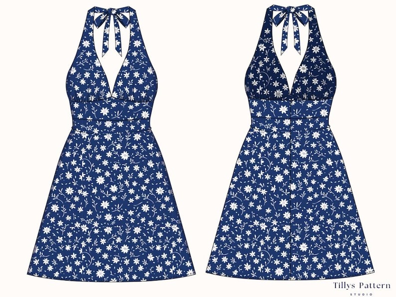 Halter Neck Mini Dress Sewing Pattern: Backless A-Line Dress, US 0-22 (PDF Download)