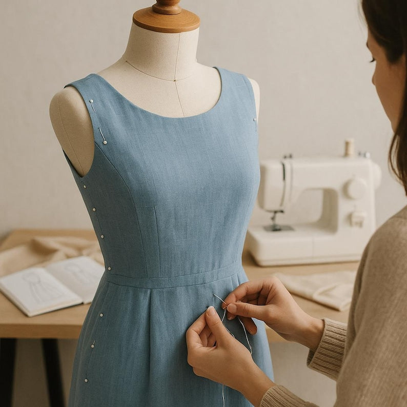 Digital Sewing Pattern – Vintage Floral Midi Dress PDF – V-Neck, Short Sleeves, A-Line (PDF Download)
