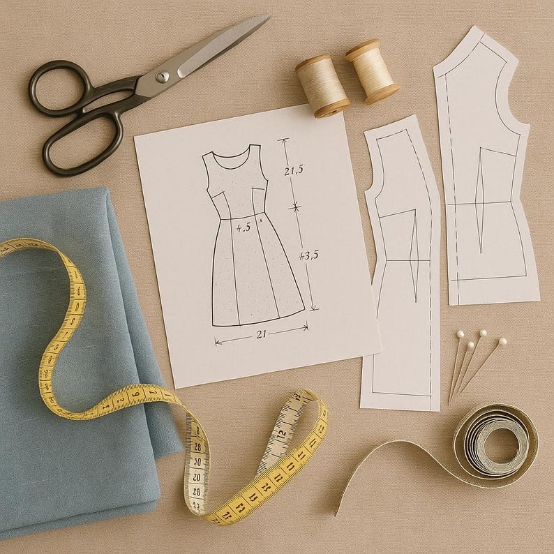 Digital Sewing Pattern – Vintage Floral Midi Dress PDF – V-Neck, Short Sleeves, A-Line (PDF Download)