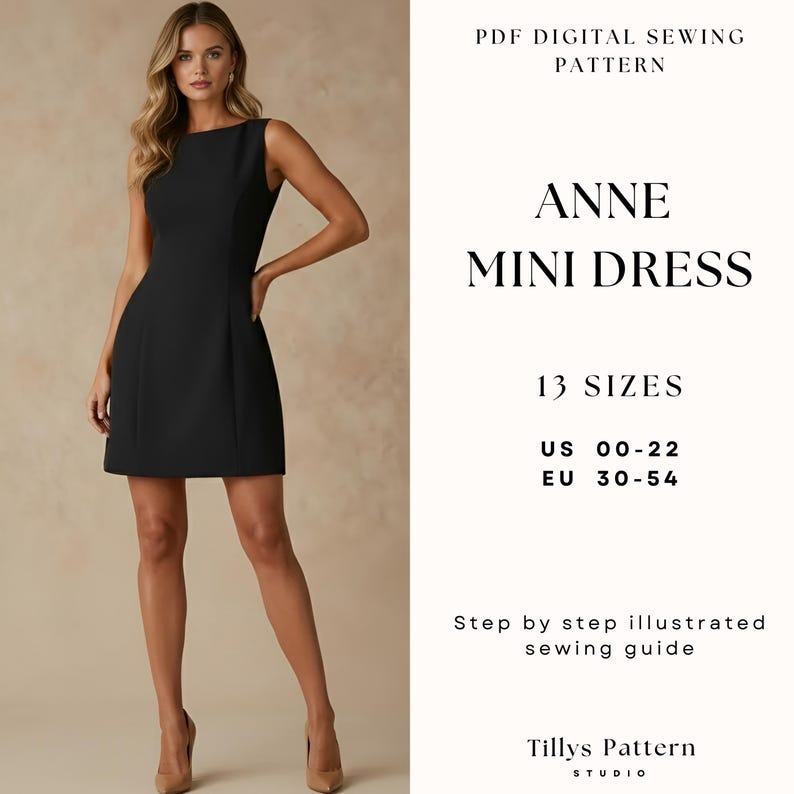 Boat Neck Mini Dress Sewing Pattern| A Line Dress Pattern| Wedding guest dress| Easy sewing pattern| Sleeveless Dress Pattern| US 00-22