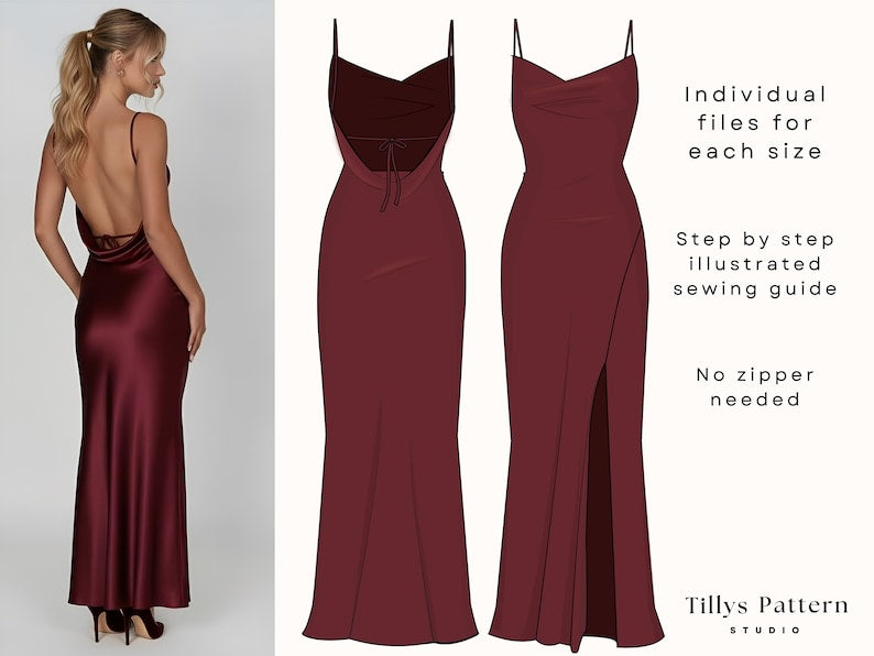 Cowl Neck Dress Sewing Pattern| Backless slip dress pattern| Prom dress pattern| Bridesmaid dress pattern| Wedding dress pattern| US 0-18