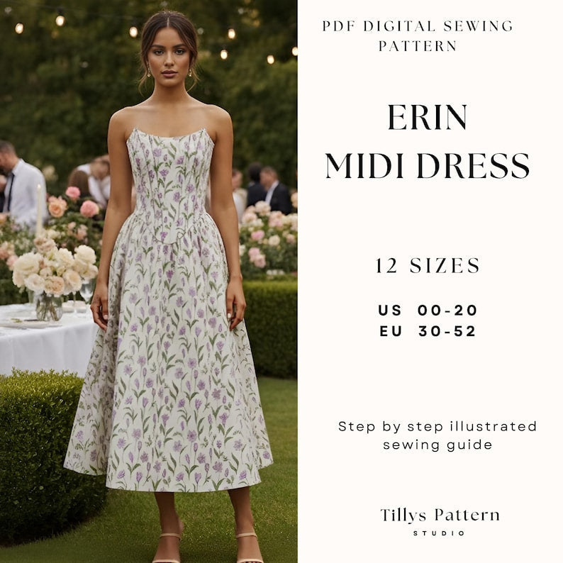 Midi Corset Dress Sewing Pattern| Tea-length Midi Dress | Overbust Corset Dress Pattern|  Wedding Dress| Plus Size Sewing Pattern| US 00-20
