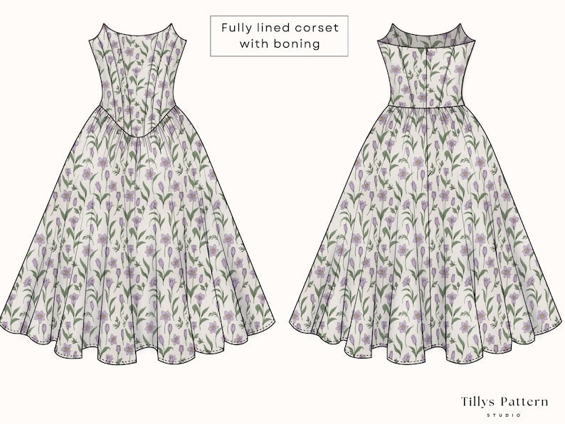Midi Corset Dress Sewing Pattern| Tea-length Midi Dress | Overbust Corset Dress Pattern|  Wedding Dress| Plus Size Sewing Pattern| US 00-20