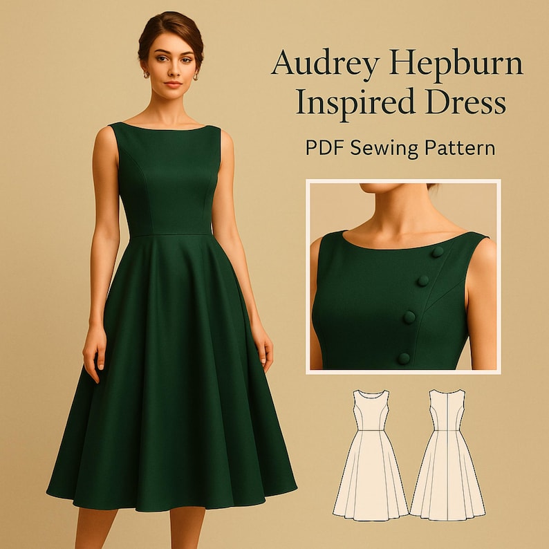 Audrey Hepburn Inspired Dress Sewing Pattern | Vintage 1950s Style Dress | PDF Sewing Pattern | Beginner Friendly | Instant Download