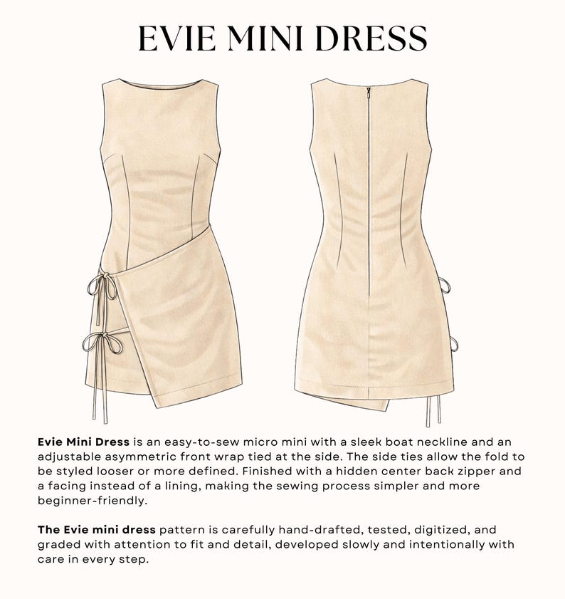 Mini Dress with Front Wrap and Ties Sewing Pattern| Sleeveless Fitted Dress| Boat Neckline Dress Pattern| Sewing Tutorial| US 00–22