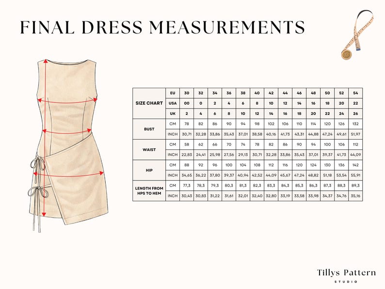 Mini Dress with Front Wrap and Ties Sewing Pattern| Sleeveless Fitted Dress| Boat Neckline Dress Pattern| Sewing Tutorial| US 00–22
