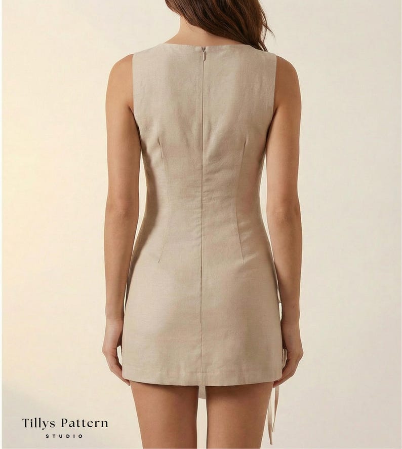 Mini Dress with Front Wrap and Ties Sewing Pattern| Sleeveless Fitted Dress| Boat Neckline Dress Pattern| Sewing Tutorial| US 00–22
