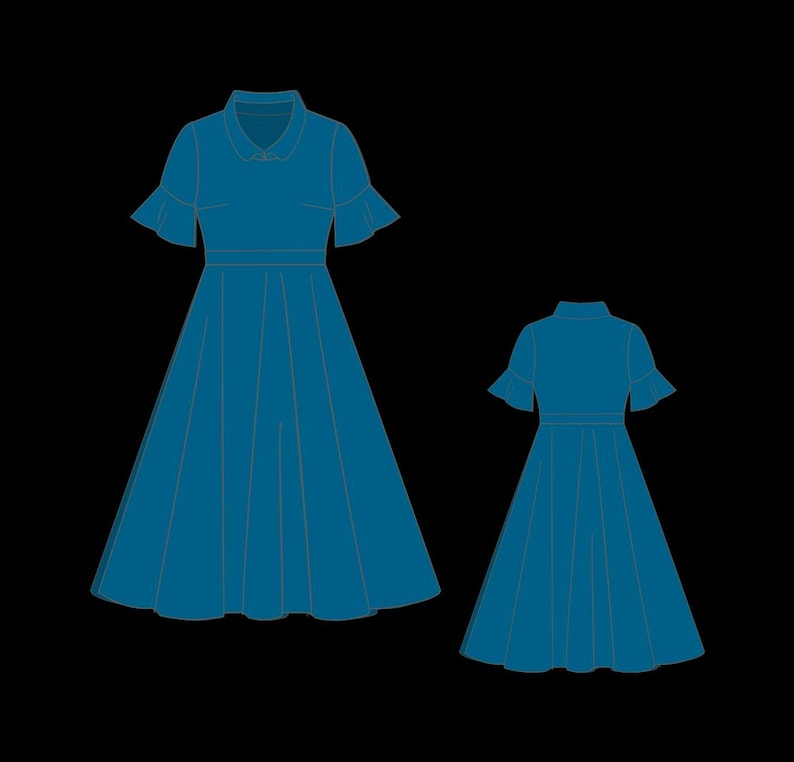 1950s Style Midi Dress Sewing Pattern, Vintage blue dress (PDF Download)