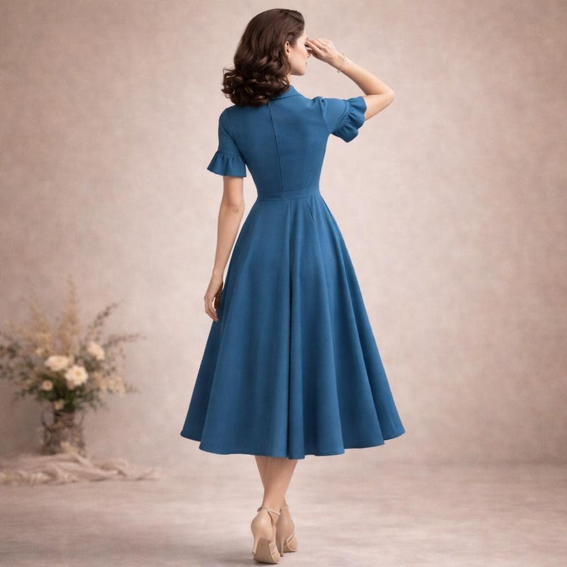 1950s Style Midi Dress Sewing Pattern, Vintage blue dress (PDF Download)