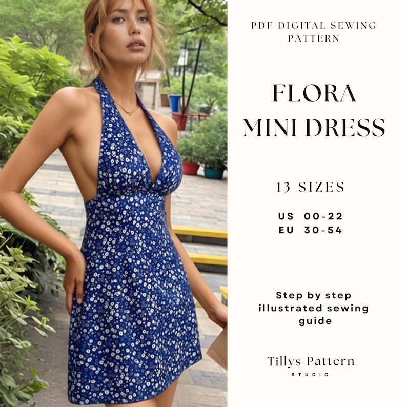 Halter Neck Mini Dress Sewing Pattern: Backless A-Line Dress, US 0-22 (PDF Download)