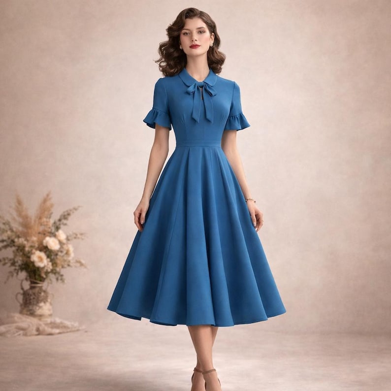1950s Style Midi Dress Sewing Pattern, Vintage blue dress (PDF Download)