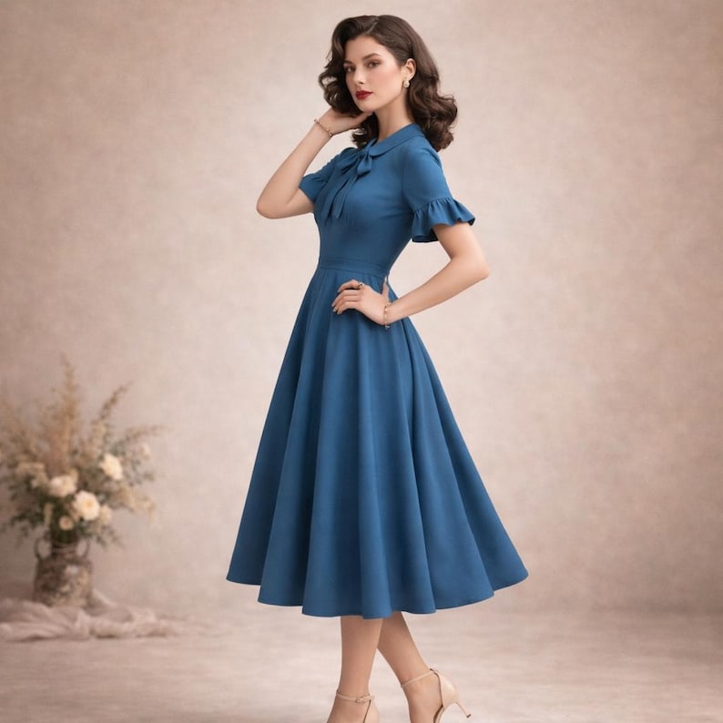 1950s Style Midi Dress Sewing Pattern, Vintage blue dress (PDF Download)