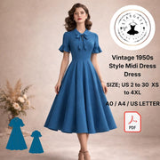 1950s Style Midi Dress Sewing Pattern, Vintage blue dress (PDF Download)