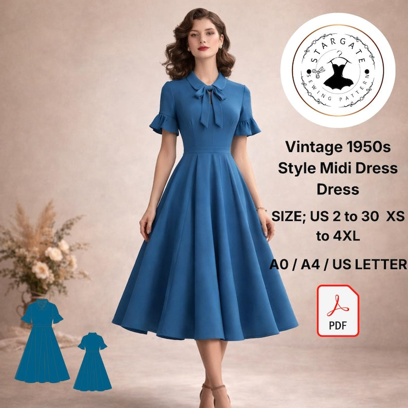 1950s Style Midi Dress Sewing Pattern, Vintage blue dress (PDF Download)