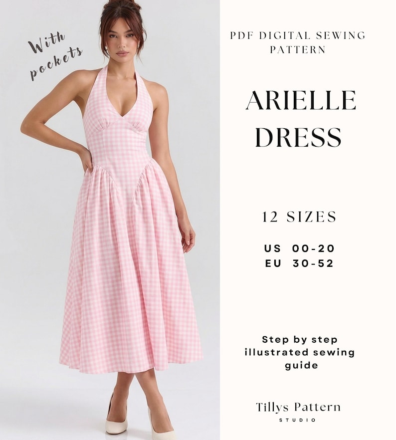 Halter Midi Dress Sewing Pattern| Dress With Pockets| Side Gathered Dress| Summer Dress| Open Back Dress| Sewing Tutorial| US 0-22