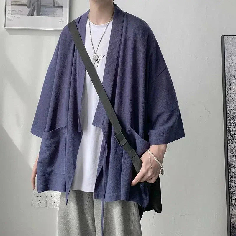 Japanese-themed Black Midnight Purple Minimalist Men’s Kimono Jacket