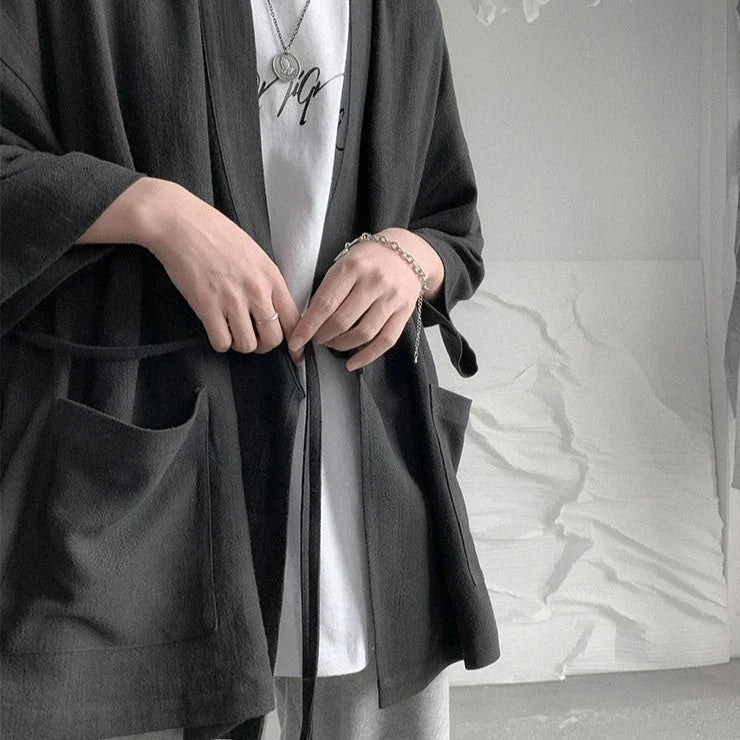 Japanese-themed Black Midnight Purple Minimalist Men’s Kimono Jacket