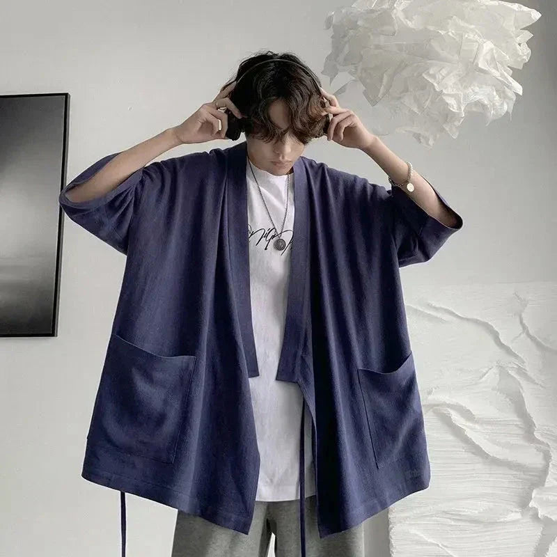 Japanese-themed Black Midnight Purple Minimalist Men’s Kimono Jacket