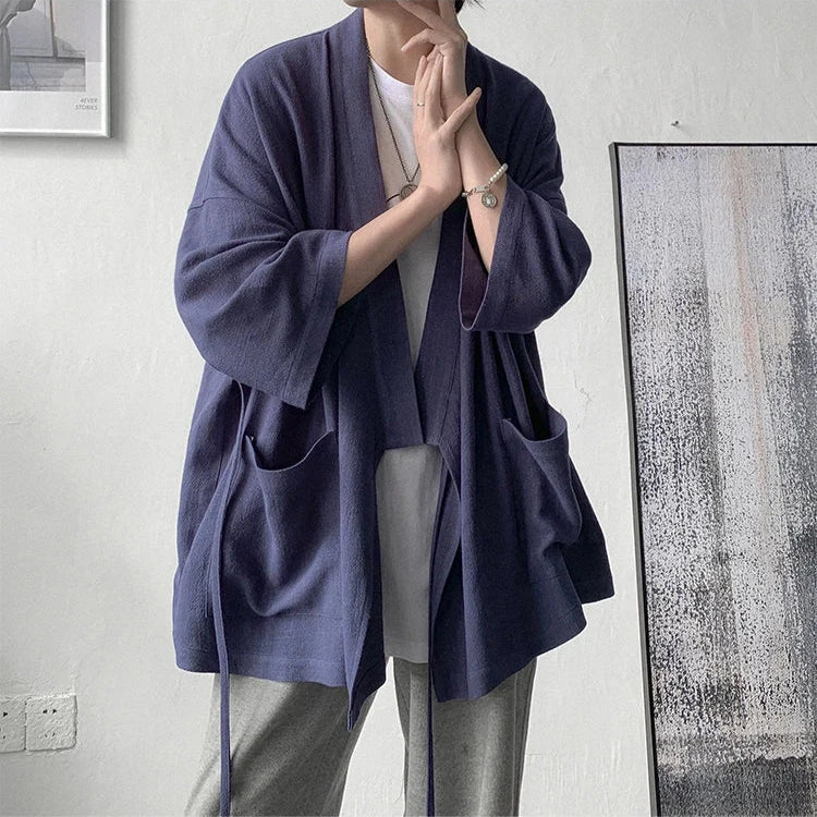 Japanese-themed Black Midnight Purple Minimalist Men’s Kimono Jacket