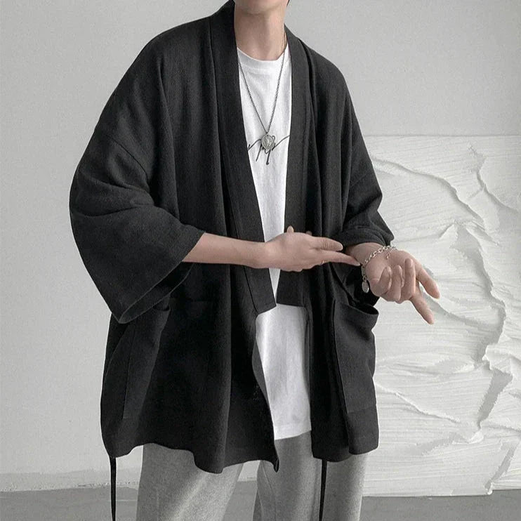 Japanese-themed Black Midnight Purple Minimalist Men’s Kimono Jacket