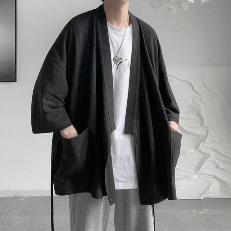 Japanese-themed Black Midnight Purple Minimalist Men’s Kimono Jacket