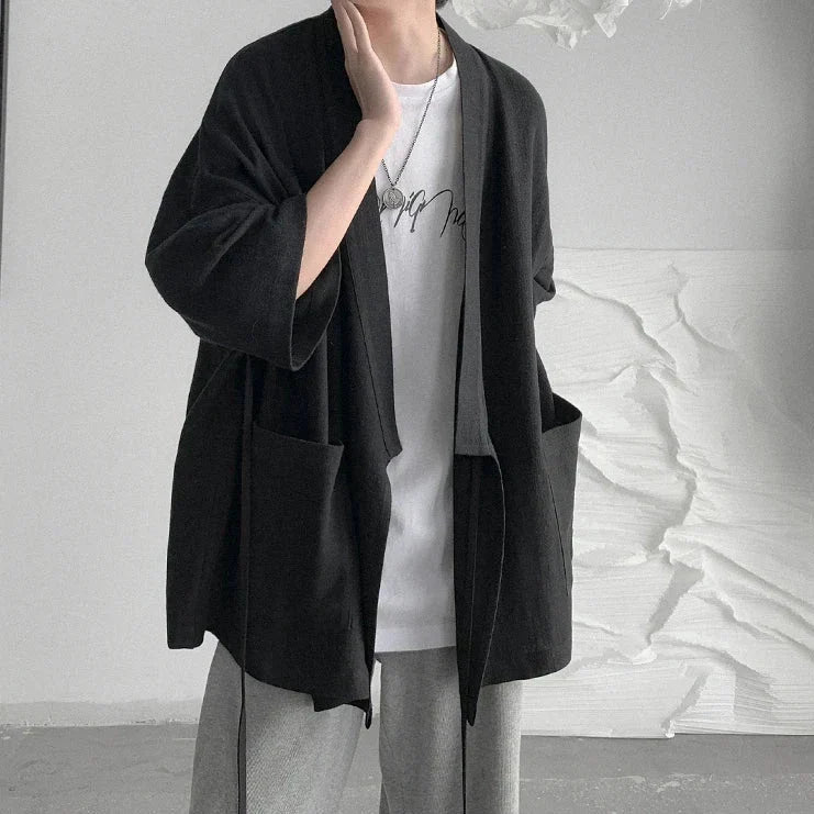 Japanese-themed Black Midnight Purple Minimalist Men’s Kimono Jacket