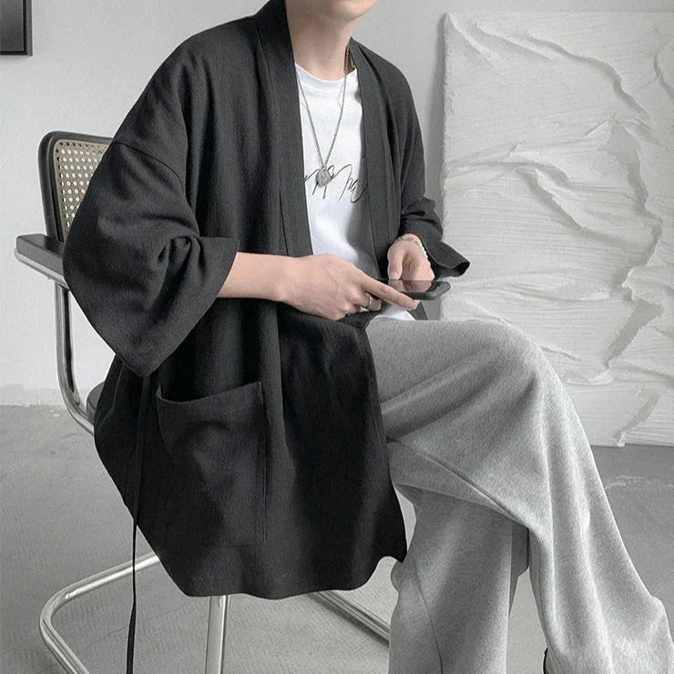 Japanese-themed Black Midnight Purple Minimalist Men’s Kimono Jacket
