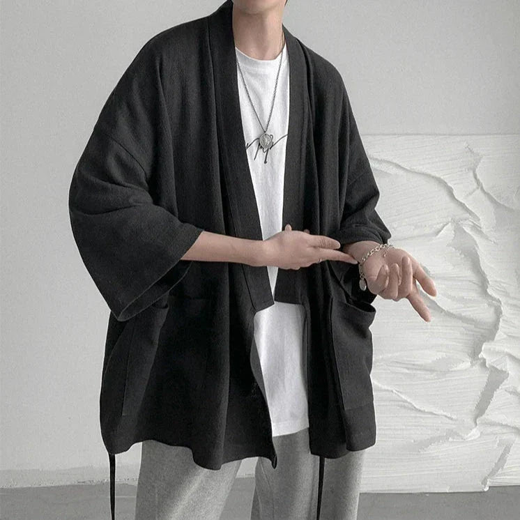 Japanese-themed Black Midnight Purple Minimalist Men’s Kimono Jacket