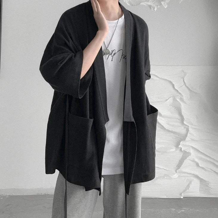 Japanese-themed Black Midnight Purple Minimalist Men’s Kimono Jacket
