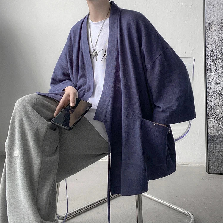 Japanese-themed Black Midnight Purple Minimalist Men’s Kimono Jacket
