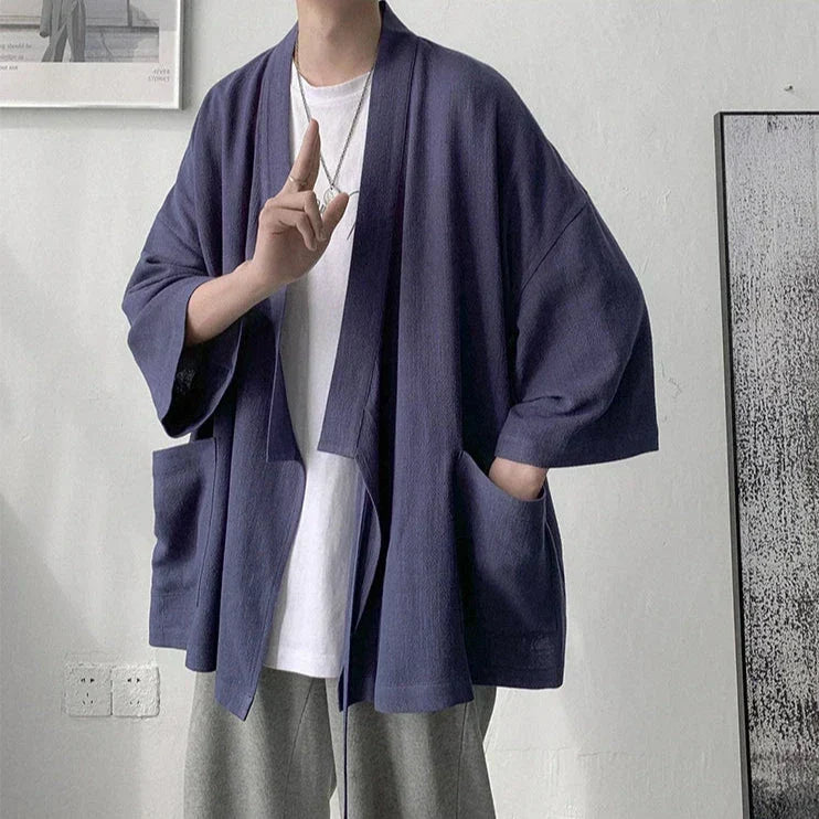 Japanese-themed Black Midnight Purple Minimalist Men’s Kimono Jacket